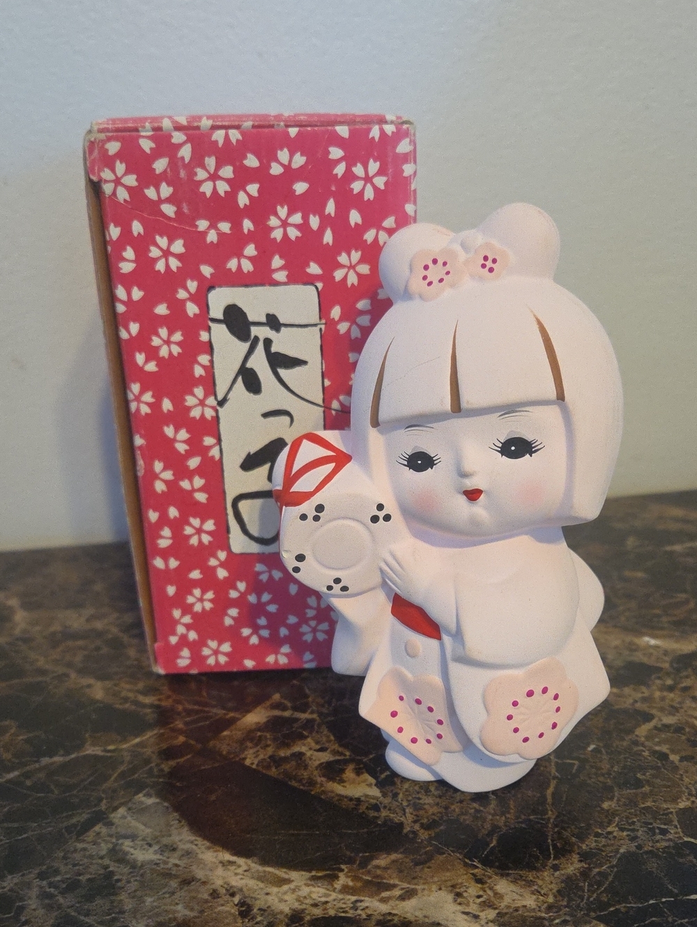 Japanese Hakata Bisque Geisha Doll in Pink Kimono Original Red Box Drum